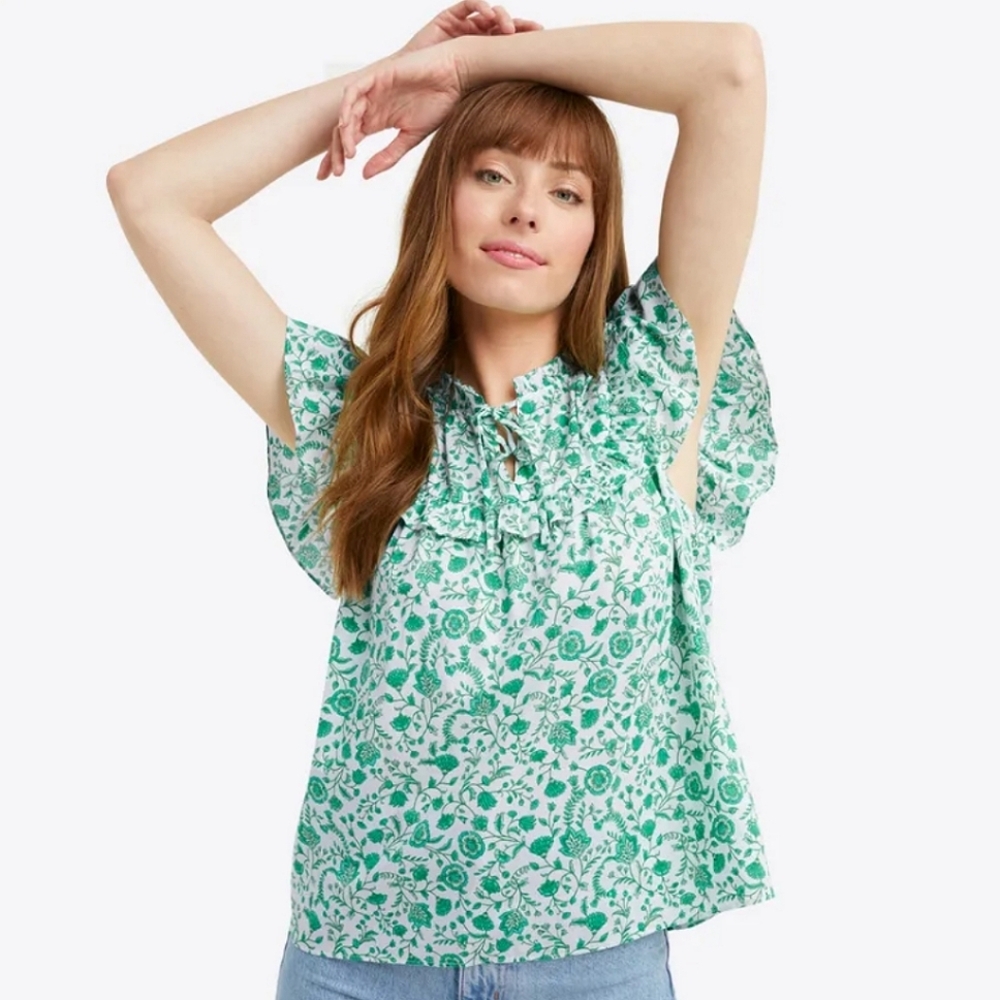 Draper James Raelynn Top Green Woodblock Floral Ruffle Sleeve Cotton  Blouse MD